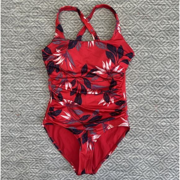 Athleta Aqualuxe Paradaiso Leaf Print One Piece Swimsuit Radiant Red Sz XXS - Picture 1 of 8